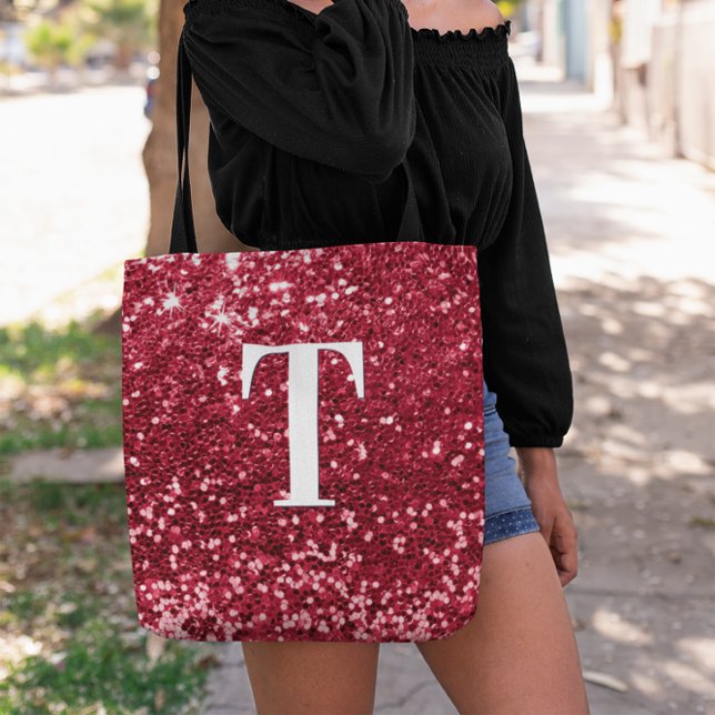 Bolsa Tote Glam Red Faux Glitter Bokeh Sparkles Monograma (Red Chunky Glitter Monogram Tote Bag)