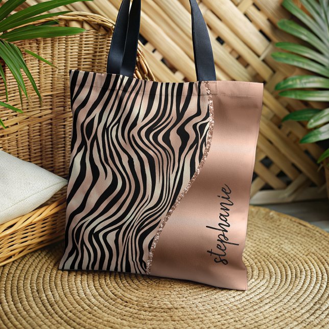 Bolsa Tote Glam Rosa Dourado Tigre Preto Strips Nome Metálico (Criador carregado)