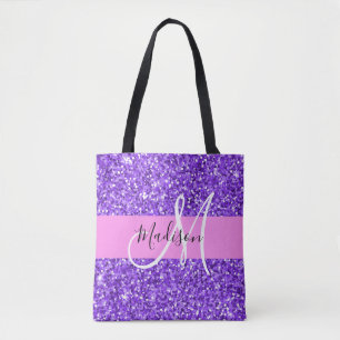 Bolsa Tote Glam Roxo & Glitter Brilho Monograma Nome