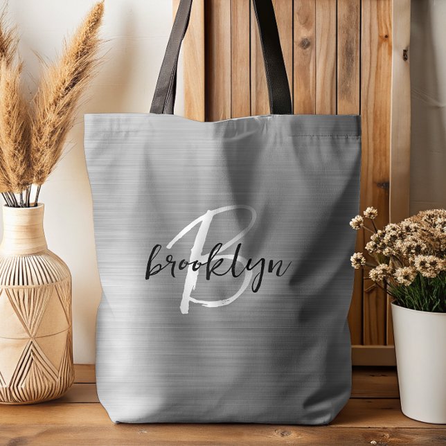 Bolsa Tote Glam Silver Brutado Metal Negro Monograma Branco (Criador carregado)