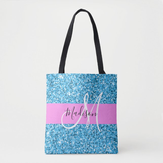 Bolsa Tote Glam Sky Blue Pink Glitter Sparkles Nome Monograma (Frente)