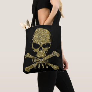Bolsa Tote Glamoroso Preto até os Ossos Caveira Brilho Dourad