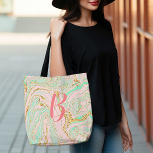 Bolsa Tote Glamorous Modern Bonito Mint Marbling Dourado