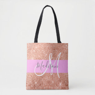 Bolsa Tote Glamour Feminino Rosa Dourado Glitter Monograma No