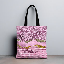 Bolsa Tote Gliteria floral Elegante Monograma cor-de-rosa púr