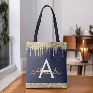 Bolsa Tote Glitter Azul Marinho Dourado Monograma Elegante