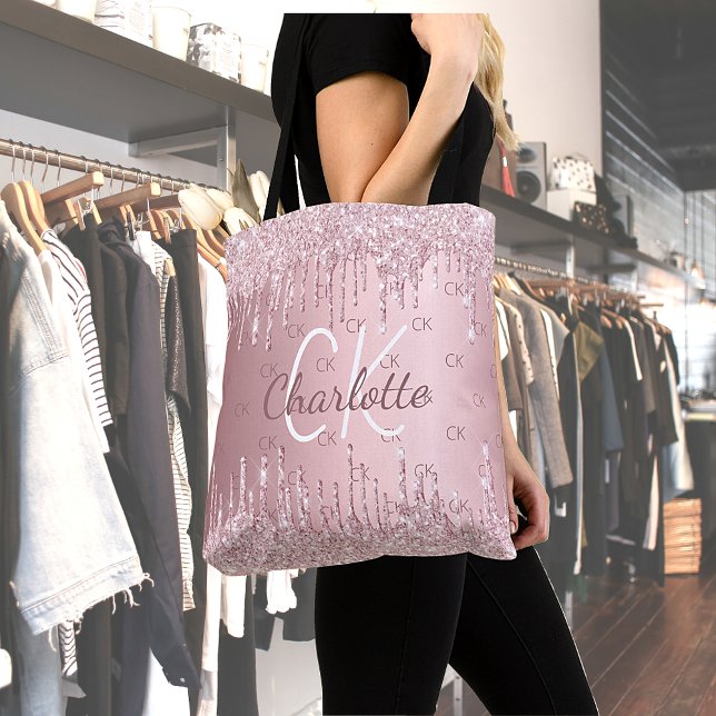 Bolsa Tote Glitter cor-de-rosa goteja de um monograma elegant (Criador carregado)
