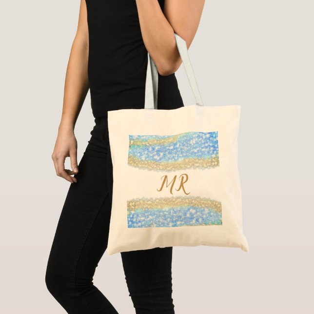 Bolsa Tote glitter dourado azul glitter glitter nome monogram (Frente (produto))