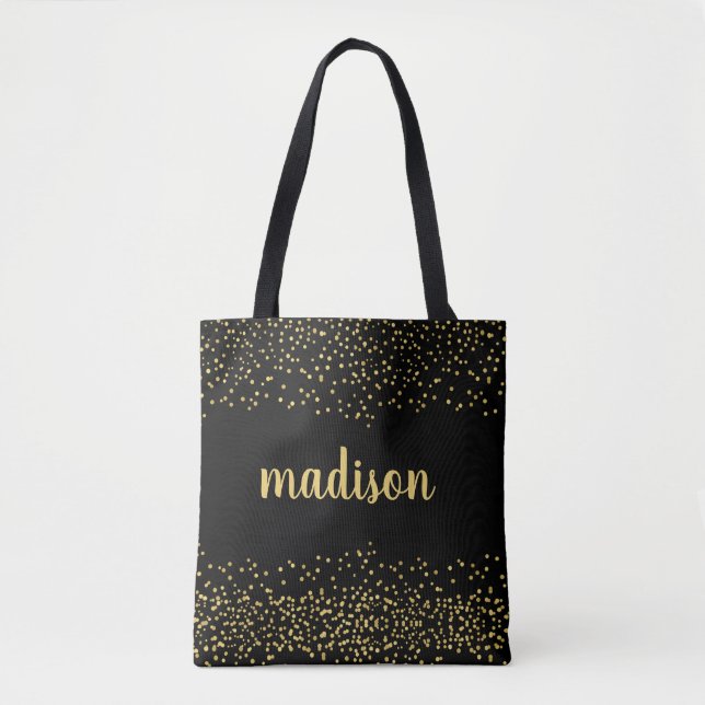 Bolsa Tote Glitter Dourado Confetti | Preto personalizado (Frente)
