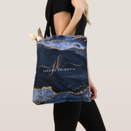 Bolsa Tote Glitter Dourado do Monograma do Script Agate Azul
