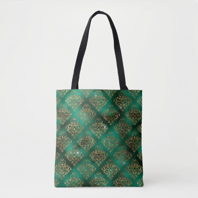 Bolsa Tote Glitter Dourado verde grande Damask Chic (Frente)
