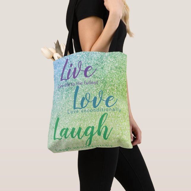 Bolsa Tote Glitter Inspire Live Love Laugh Blue Green Purple (Close Up)