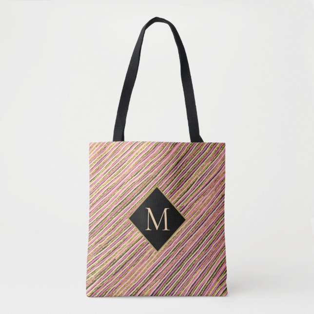 Bolsa Tote Glitter Monograma de abstrato Dourado (Frente)
