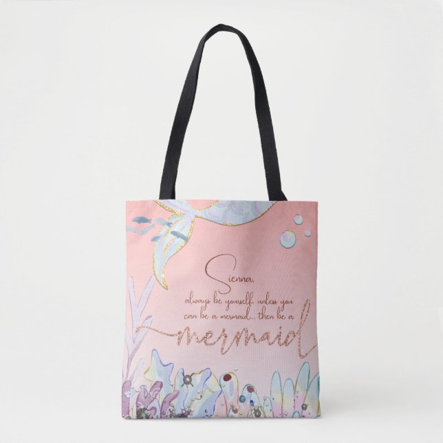 Bolsa Tote Glitter personalizado de Pastel "Seja uma Sereia" (Frente)