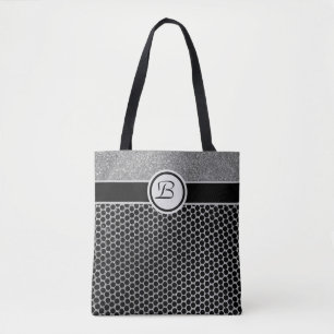 Bolsa Tote Glitter prateado monograma e chic preto