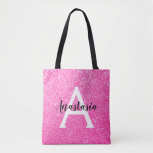 Bolsa Tote Glitter Rosa Quente Brilhante Brilha Nome do Monog