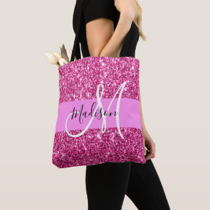 Bolsa Tote Glitter Rosa Quente e Brilhante brilha Monograma