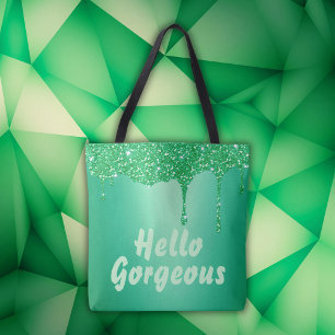 Bolsa Tote Glitter verde com monograma, Olá, Gorgez