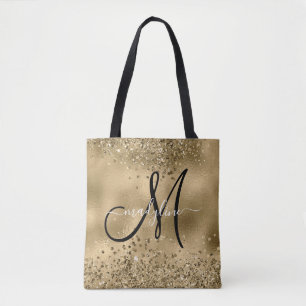 Bolsa Tote Glitters Dourados Chic - Nome do Monograma