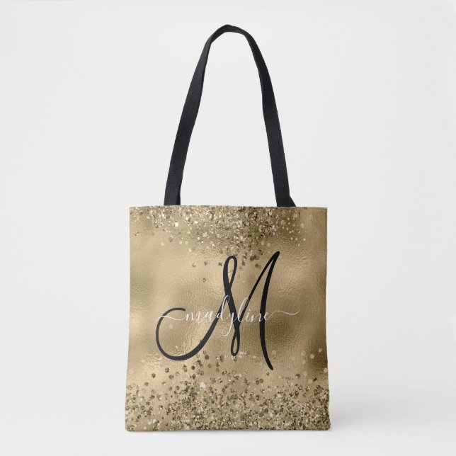 Bolsa Tote Glitters Dourados Chic - Nome do Monograma (Frente)