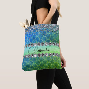 Bolsa Tote Glittery Blue Green Smermaid Bling