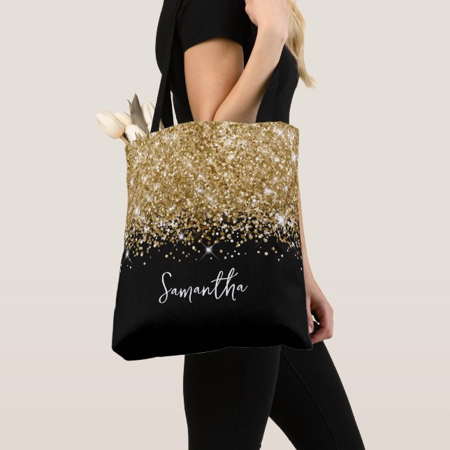 Bolsa Tote Glittery Dourado e Nome Glam Black (Close Up)