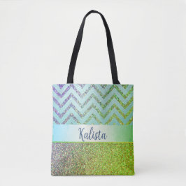 Bolsa Tote Glittery Green and Purple Chevron Personalizado