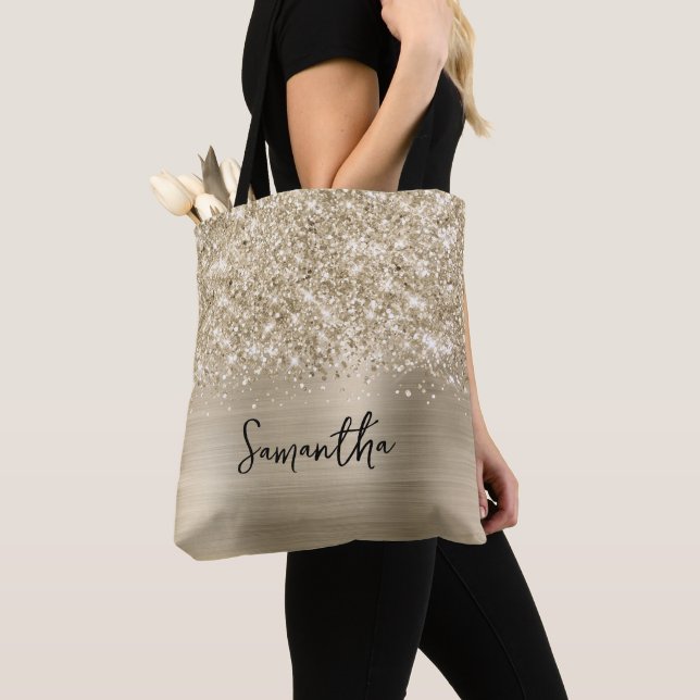 Bolsa Tote Glittery Pale Gold Glam Name (Close Up)