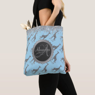 Bolsa Tote Glittery Silver Giraffe on Blue Personalised