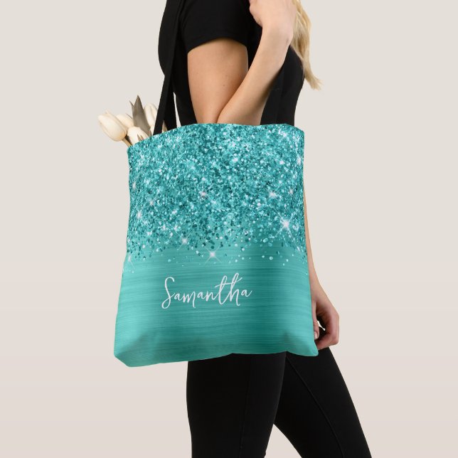 Bolsa Tote Glittery Turqoise Teal Glam Name (Close Up)