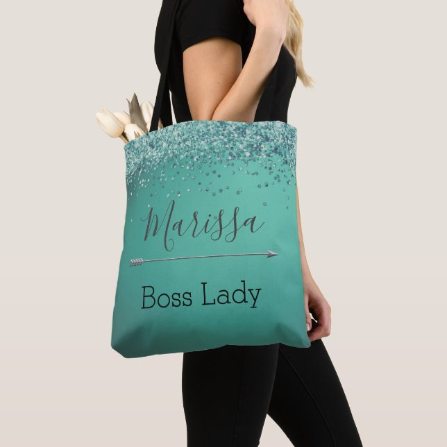 Bolsa Tote Glittery Turquoise Personalizada Lady Chefe (Close Up)