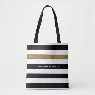 Bolsa Tote Glitz e nome Dourados de FAUX em Black Stripes Mod
