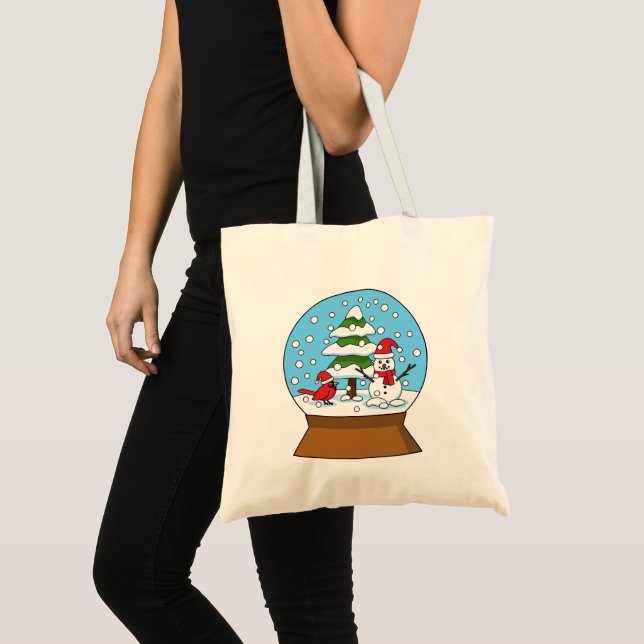 Bolsa Tote Globo de Neve com Cardeal Snowman e Pine Tree (Frente (produto))