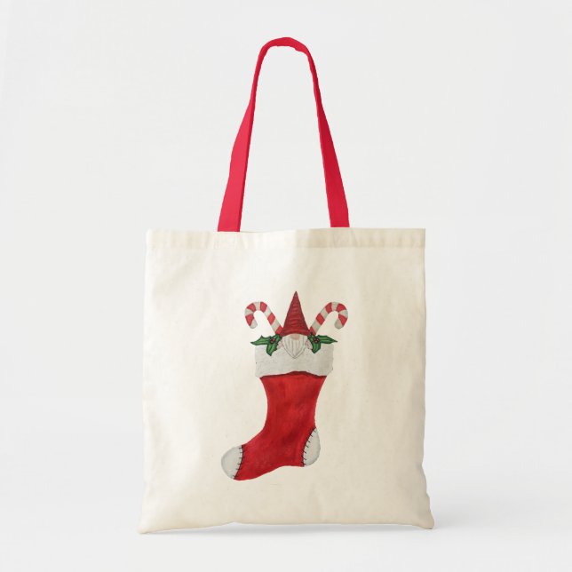 Bolsa Tote Gnome em Red Christmas Stocks Candy Candy Holly (Frente)