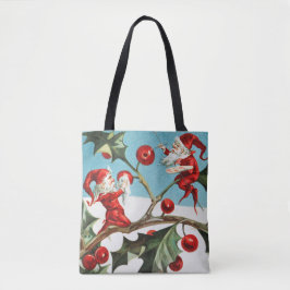 Bolsa Tote Gnomes painting holly berries in the snow
