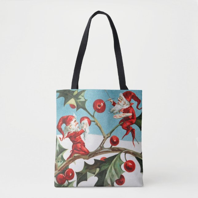 Bolsa Tote Gnomes painting holly berries in the snow (Frente)