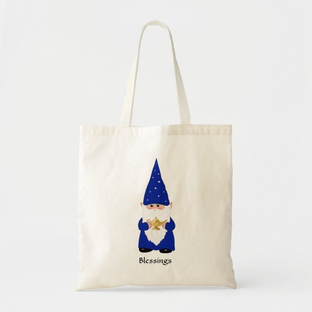 Bolsa Tote Gnomo Sábio Vestido de Azul com Lâmpada (Frente)