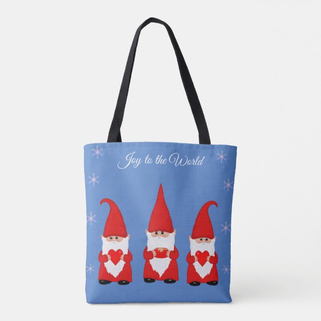 Bolsa Tote Gnomos de Natal Fofos em Azul (Verso)