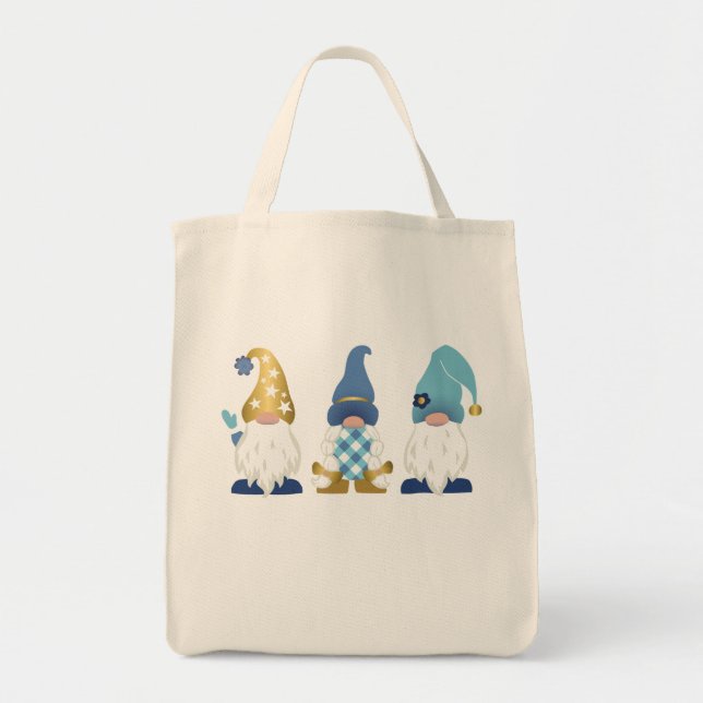 Bolsa Tote Gnomos Dourados Azuis Gingham Branco (Frente)