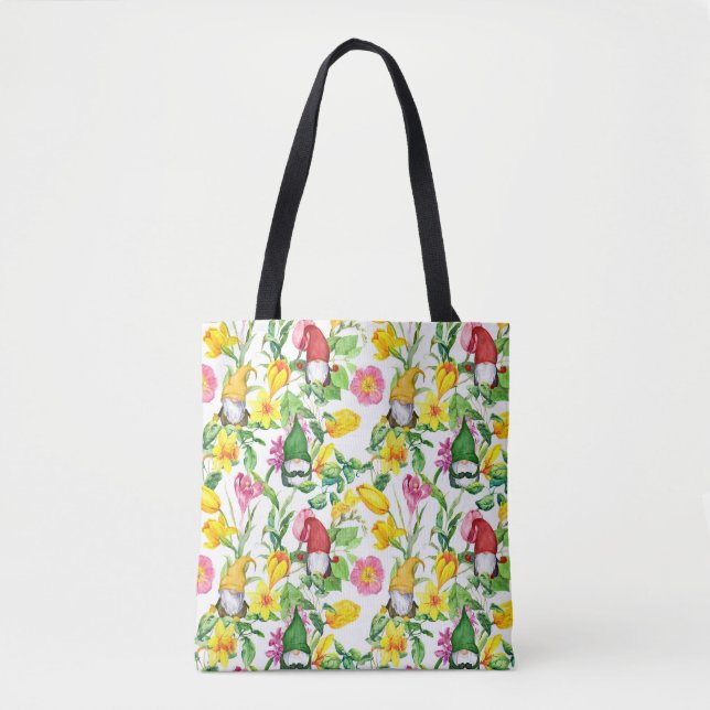 Bolsa Tote Gnomos escandinavos: primavera de aquarela floral. (Frente)