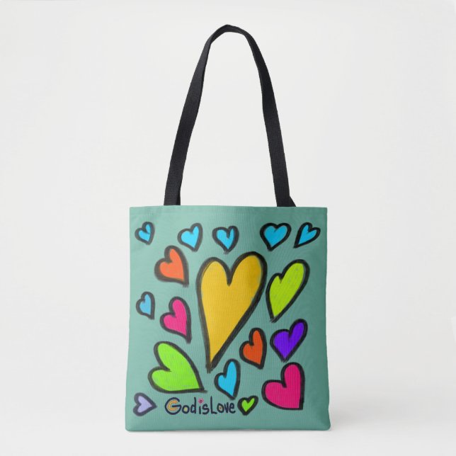 Bolsa Tote God is Love with Hearts Turquoise (Frente)