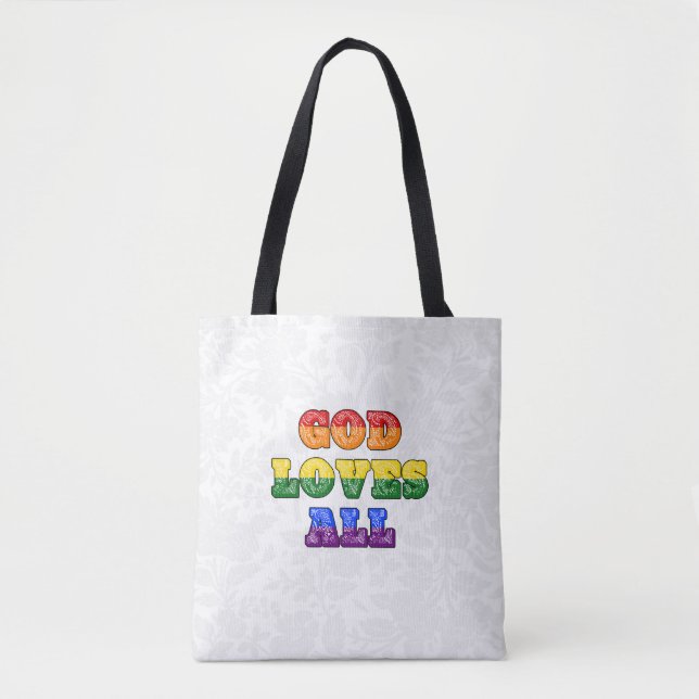 Bolsa Tote "God Loves All" Gay/LGBTQIA+/Queer Christian Pride (Frente)