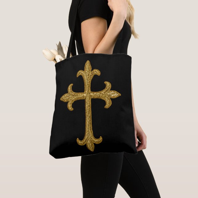 Bolsa Tote Gold Embroidered Look Cross Front and Back French (Close Up)