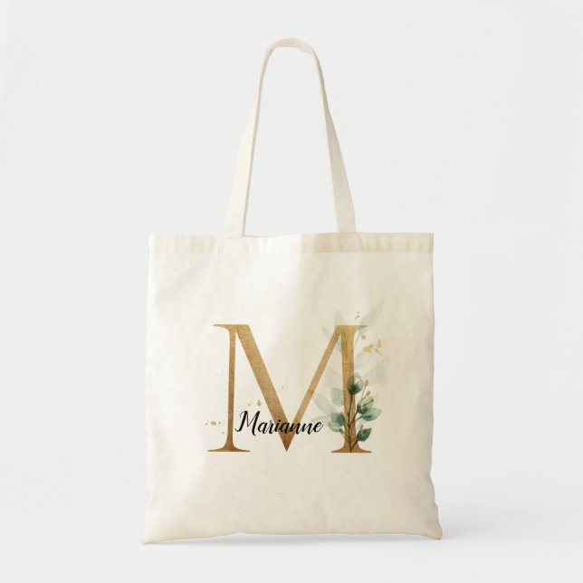 Bolsa Tote Gold Leaf Greenery Elegant Foliage Monogram "M" (Frente)