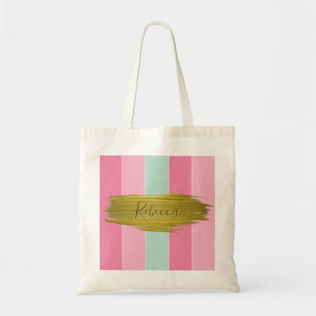 Bolsa Tote Gold Paint Stroke Colorful Mint Pink Stripes (Frente)