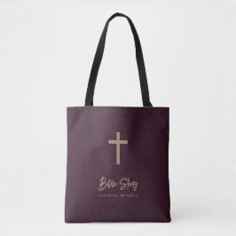 Bolsa Tote Gold Script Bugundy Leather Look Bible Study