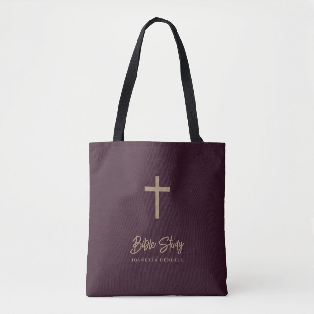 Bolsa Tote Gold Script Bugundy Leather Look Bible Study (Frente)