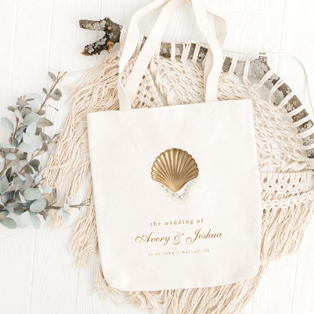 Bolsa Tote Gold Seashell Custom Coastal Wedding Favor (Criador carregado)