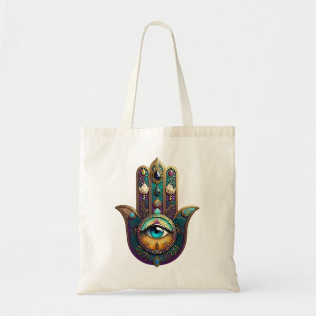 Bolsa Tote Gold Violet Teal Hamsa w/ Turquoise Third Eye (Frente)