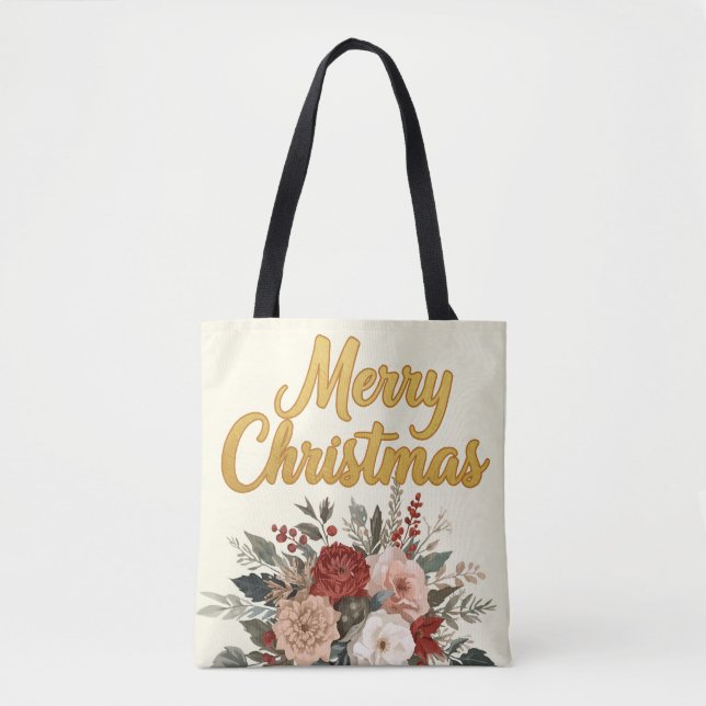 Bolsa Tote Golden Floral Merry Christmas Bouquet (Frente)
